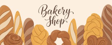 Ekmek ve hamur işleriyle dolu pastane afişi, markalaşma ve promosyonlar için mükemmel..