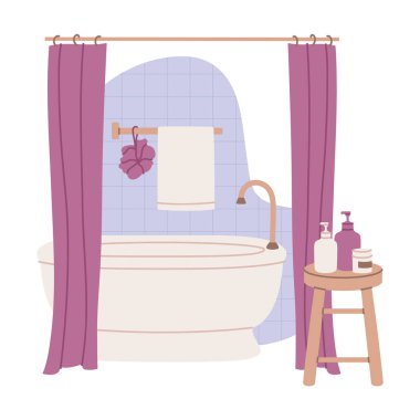 Banyo, banyo küveti, duş perdesi ve taburesi. Minimalist tasarımlar için mükemmel