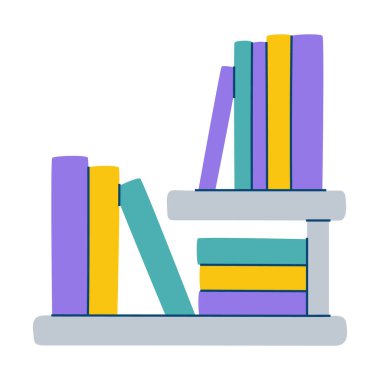 Raftaki renkli kitapların basit bir çizimi. Kütüphane ve okuma tasarımları için mükemmel.