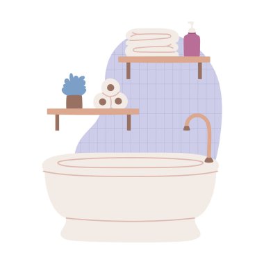 Banyo içi, banyo küveti, raflar ve havlular. Minimalist tasarımlar için mükemmel