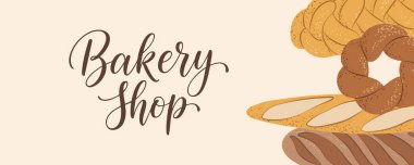 Ekmek ve hamur işleriyle dolu pastane afişi, markalaşma ve promosyonlar için mükemmel..