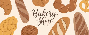 Ekmek ve hamur işleriyle dolu pastane afişi, markalaşma ve promosyonlar için mükemmel..