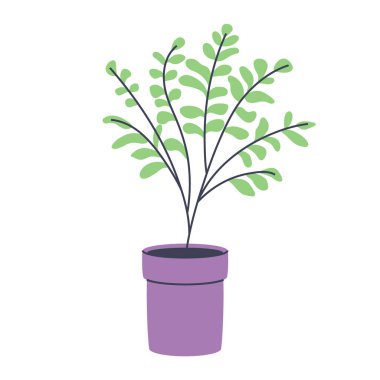 Mor bir saksıdaki bitkinin basit bir çizimi. Minimalist ve botanik tasarımlar için mükemmel..