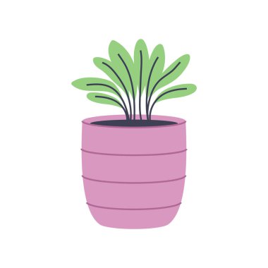 Yeşil yapraklı, pembe tencerede stilize bitki. Modern ve doğal tasarımlar için ideal..