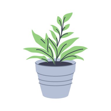 Gri tencerede yeşil yapraklı bitkinin basit bir çizimi. Minimalist tasarımlar için mükemmel.
