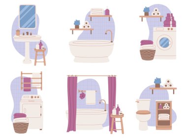 Çeşitli mobilya ve aksesuarlarla banyo içerisindeki çizimler..