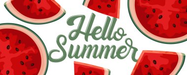Merhaba yaz afişi ve sulu karpuz dilimleri. Neşeli ve taze mevsimlik tasarım için