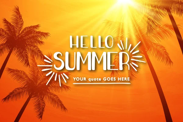 Západ Slunce Letní Pozadí Palmami Ahoj Letní Typografie — Stockový vektor
