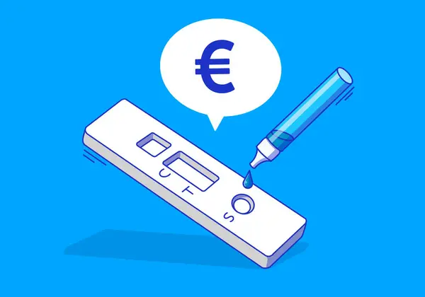 Ilustracion Dispositivo Test Antigenos Covid Con Simbolo Euro Fondo Azul — Stock Photo, Image