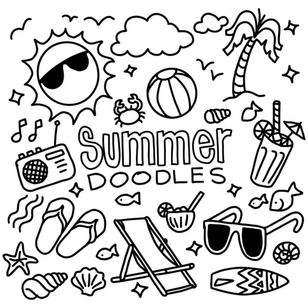 Yaz elementleri, sahil ve tatil nesnelerinin karalama stili ile elle çizilmiş vektör çizimi