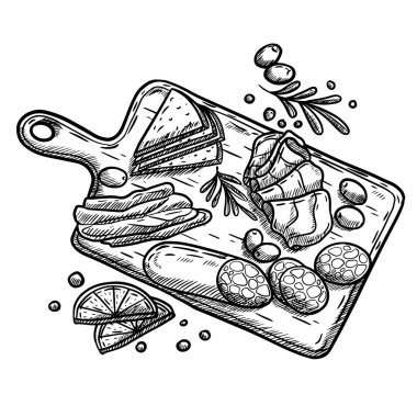 Şarküteri tahtası, peynir, restoran aperatifi, İspanyol yemeği elle çizilmiş vektör çizimi