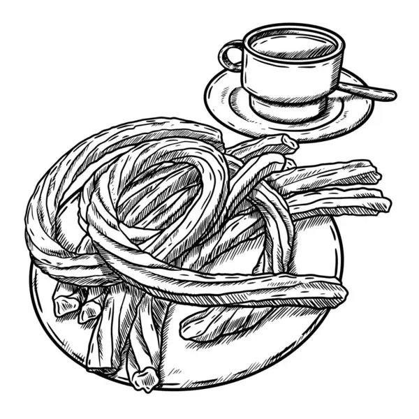 Churro ve kahvenin el çizimi çizimi çizimi.