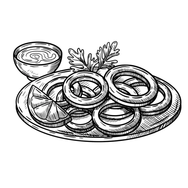 Limonlu ve lezzetli soslu kızarmış soğan halkalarının elle çizilmiş çizimi