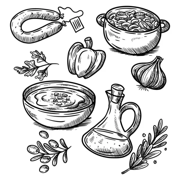 İspanyol yemeği, sosis, biber, sarımsak, gazpacho, zeytinyağı, fasulye.