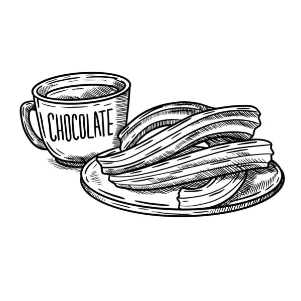 Sıcak çikolatalı churros 'un vektör el çizimi