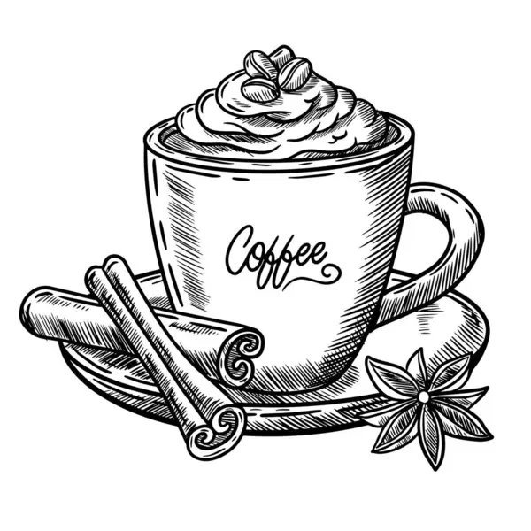 Köpük ve tarçınlı kremalı kahvenin vektör el çizimi