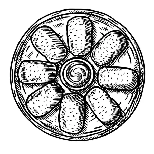 Soslu kroketlerin, restoran aperatiflerinin, İspanyol yemeklerinin temsili çizimi.