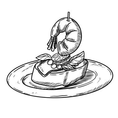 Tabağında karides aperatifi olan İspanyol tapasının vektör eli çizimi