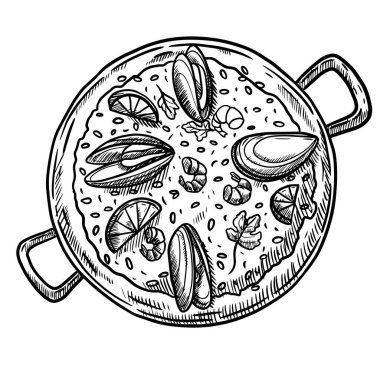 Yukarıdan, midye ve karidesli İspanyol paella 'sının temsili çizimi.