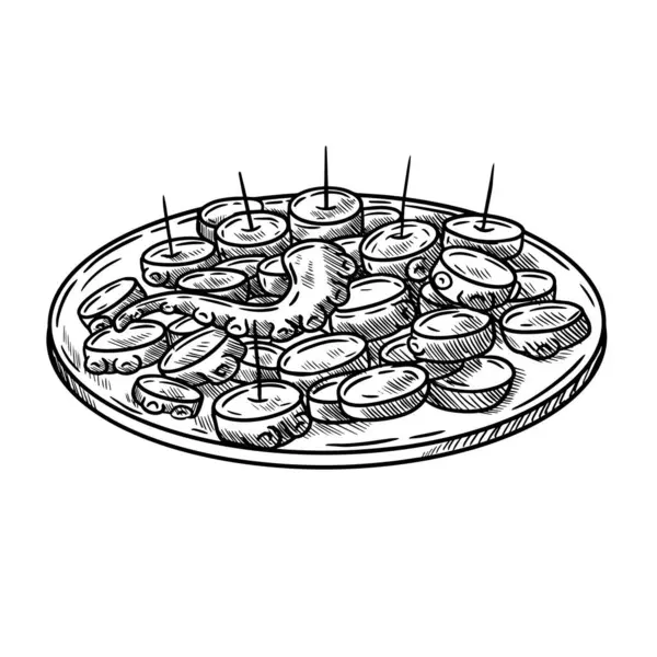 Galiçya tarzı ahtapot, tipik İspanyol yemeği, restoranı, tapas tabağı çizilmiş.