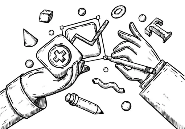 Ekranlı ve ağ elementli ellerin vektör el çizimi