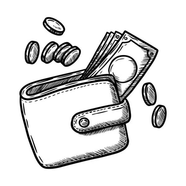 Cüzdan, banknotlar ve bozuk paraların karalama tarzında illüstrasyon çizimi