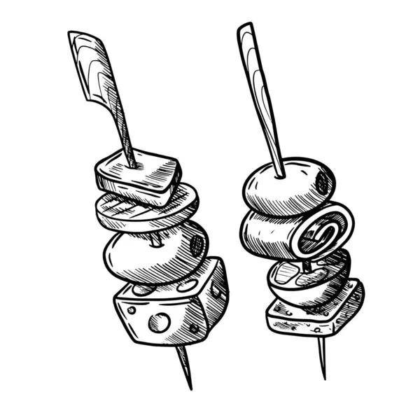 Tipik İspanyol yemeği, tapas restoranı, iki iğneliğin el çizimi vektör çizimi.