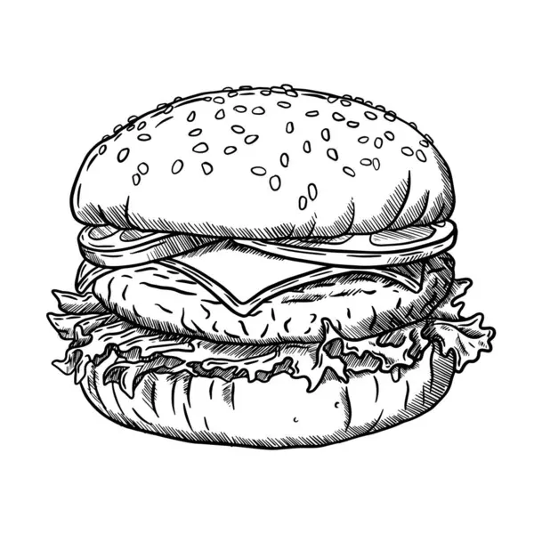 Pastırma ve peynirli hamburgerin el çizimi çizimi