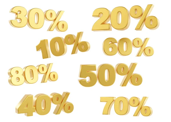 Various Golden Percent Discount Signs Isolated White Background Sale Special — Stock Photo, Image