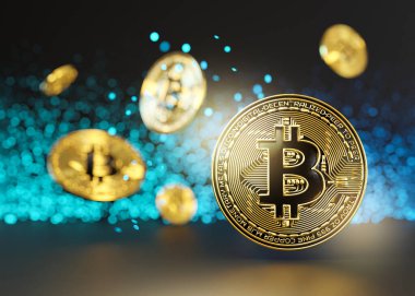 Neon ışıklı kripto altın bitcoin sikkeler. Kripto para birimi sembolü. İnternet bankacılığı ve uluslararası ağ ödemeleri için elektronik sanal para. İş, finans, teknoloji. 3 Boyutlu Hazırlama