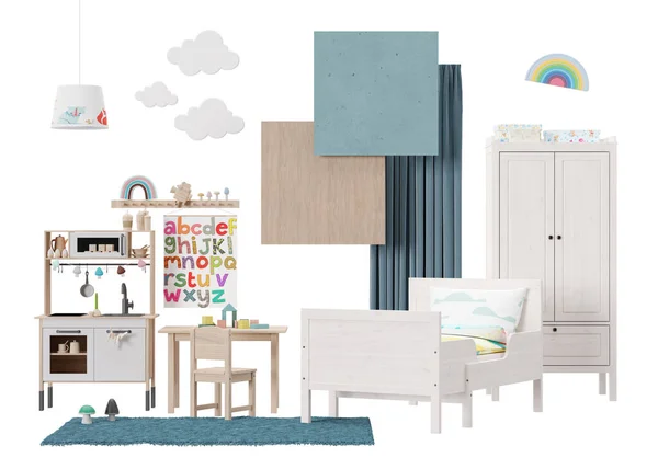 Interior design mood board with isolated modern childs room furniture, home accessories, materials. Furniture store, details. Interior project for kids room. Contemporary style, collage. 3d render
