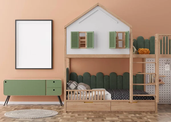 Modern Çocuk Odasındaki Kahverengi Duvara Boş Dikey Resim Çerçevesi Mekanı — Stok fotoğraf
