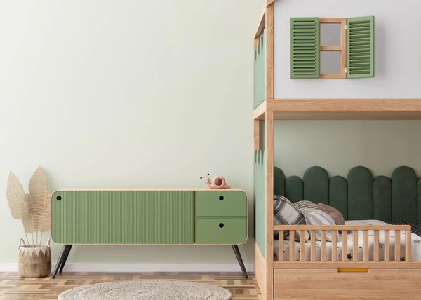 Κενό Ανοιχτό Πράσινο Τοίχο Στο Σύγχρονο Παιδικό Δωμάτιο Σκαλίστε Εσωτερικό — Φωτογραφία Αρχείου