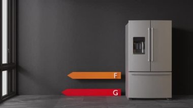 Buzdolabı ve enerji verimliliği değerlendirme tablosu odada. Ev yapımı elektrikli aletler. Modern mutfak aletleri. Çift kapılı paslanmaz çelik buzdolabı, dondurucu. Enerjini sakla. 3 Boyutlu Canlandırma