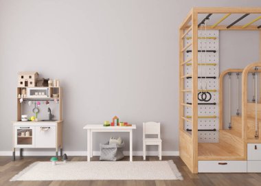 Modern çocuk odasında boş gri duvar. İç mekanı çağdaş, İskandinav tarzıyla süsleyin. Resim, resim ya da poster için alanı kopyalayın. Yatak, sandalyeli masa, oyuncaklar. Çocuklar için rahat bir oda. 3 Boyutlu Hazırlama
