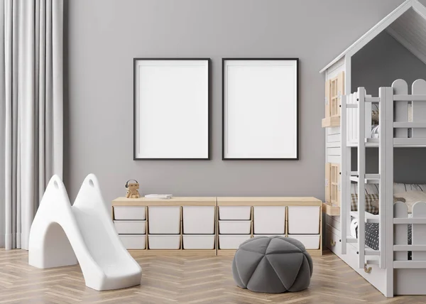 Two empty vertical picture frames on gray wall in modern child room. Mock up interior in contemporary, scandinavian style. Free, copy space for picture. Bed, toys. Cozy room for kids. 3D rendering