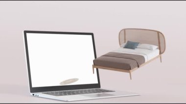 Uçan mobilyalı dizüstü bilgisayar. İnternetten alışveriş. Boho mobilya dükkanı, iç mekan detayları. Mobilya satışı ya da iç proje konsepti. Kanepe, masa, sandalye, tuvalet, internet. E-ticaret. 3d hazırlayıcı