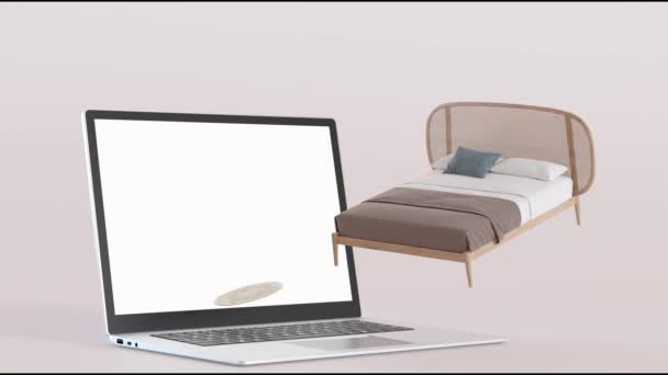 Laptop Med Flygande Möbler Handlar Online Boho Möbelaffär Inredningsdetaljer Inredningskoncept — Stockvideo