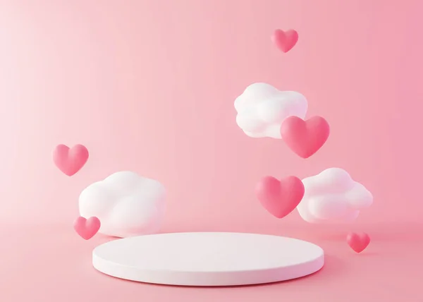 粉色的讲台上 心和云在空中飞舞 情人节 母亲节 产品的软垫 化妆品的展示 把它弄坏了化妆品的装饰或平台 3D渲染 — 图库照片