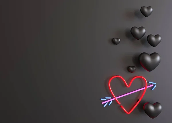 黑色背景与心脏和复制空间 情人节的背景 空出广告文字 邀请函 标识的空间 明信片 贺卡设计 爱情的象征3D渲染 — 图库照片