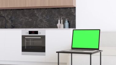 Evde masada duran boş yeşil ekranlı dizüstü bilgisayar. Bilgisayar Chroma Key ile modelleme yapıyor. Video, uygulama, oyun, web sitesi sunumu için boşluk kopyala. Boş laptop ekranı. Modern iç mekan. 3 Boyutlu Canlandırma