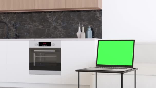 Laptop Prázdnou Zelenou Obrazovkou Stojící Doma Stole Počítač Hraje Chroma — Stock video