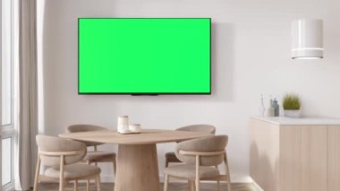 Boş yeşil ekranlı LED TV, evdeki duvarda asılı. TV videosu Chroma Key ile aynı. Reklam, film, uygulama sunumu için yer kopyala. Boş televizyon ekranı. Modern iç mekan. 3 Boyutlu Hazırlama
