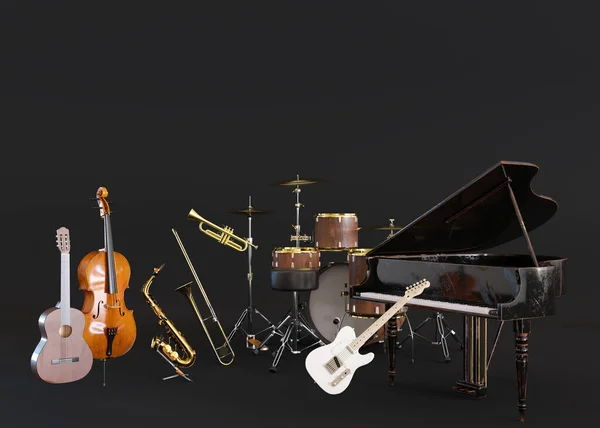 Diferentes Instrumentos Musicales Sobre Fondo Negro Copia Espacio Para Texto —  Fotos de Stock