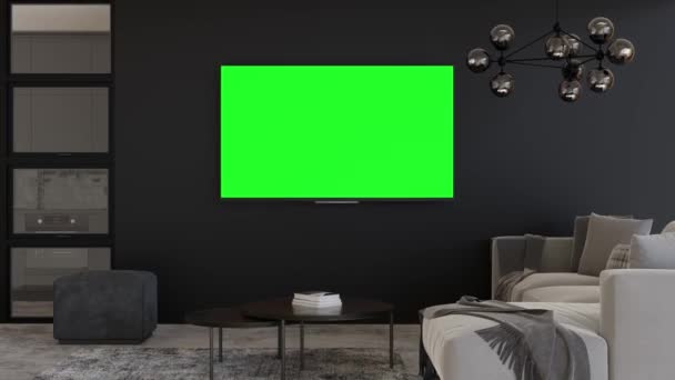 Led Fernseher Mit Leerem Grünen Bildschirm Der Hause Der Wand — Stockvideo