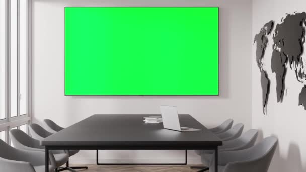 有空白绿色电视屏幕的会议室 用Chroma键模拟监视器 商务会议室配备空液晶显示屏 用于演示 现代办公室 复制空间 3D动画 — 图库视频影像