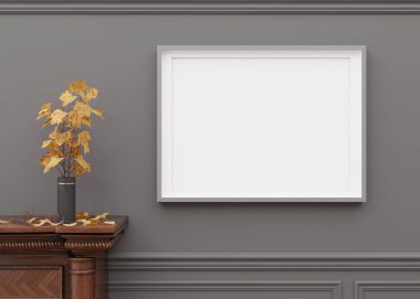 Gri duvarda asılı boş yatay resim çerçevesi. Şablon, resim ya da poster için model alın. Boşluk, kopyalama alanı. Manzarayı kapat. Basit, minimalist bir model. 3B görüntüleme