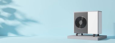 Air heat pump on blue background. Modern, environmentally friendly heating. Air source heat pumps are efficient and renewable source of energy. Banner with copy space for text, advertising. 3d render clipart