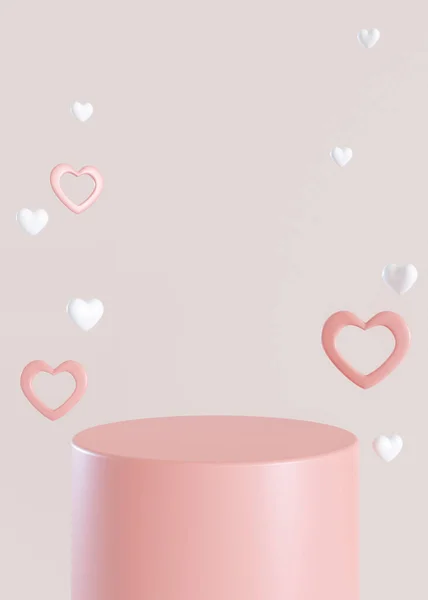 粉色讲台 心在空中飞舞 情人节 母亲节 产品的软垫 化妆品的展示 把它弄坏了化妆品的装饰或平台 3D渲染 — 图库照片
