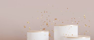 Bej arka planında konfeti düşen bir dizi beyaz ve altın podyum. Ürün için zarif podyumlar, kozmetik sunumu. Model yap. Pedestal, güzellik ürünleri platformu. Boş sahne. 3 Boyutlu Hazırlama